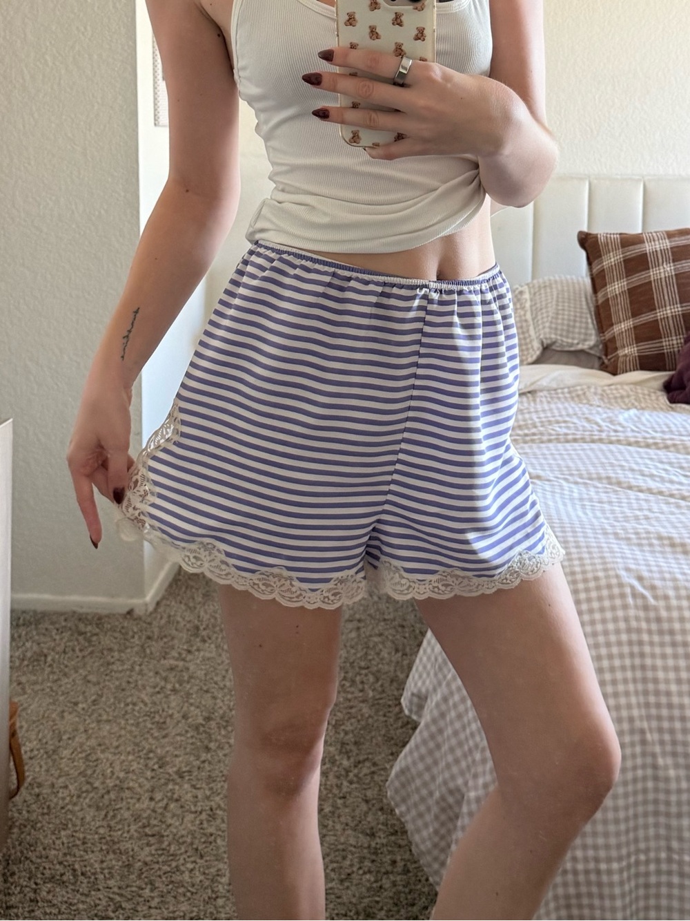 Striped Blue Lace Trim Sleep Shorts - Women